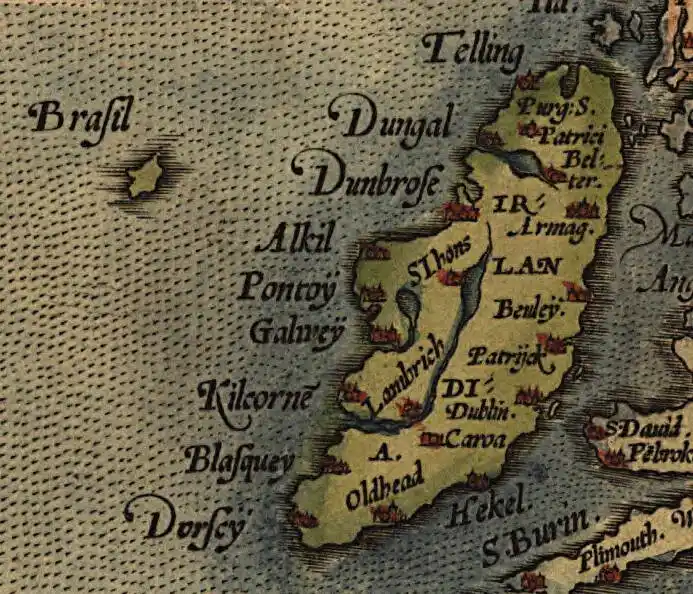 Mapa Irlandii przedstawiająca Hy-Brasil autorstwa Abrahama Orteliusa z XVI wieku.